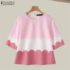 Women Summer Round Neck Short Sleeve Colorblock Wave Edge Blouses