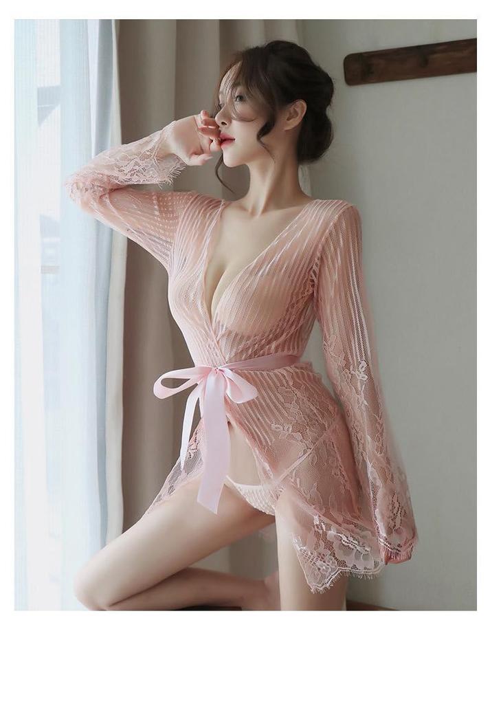 Babydoll Nightgown Sexy Popular Slip Mesh Lace Lingerie Summer [Pure Seek] Women's See-Through (Pink)
