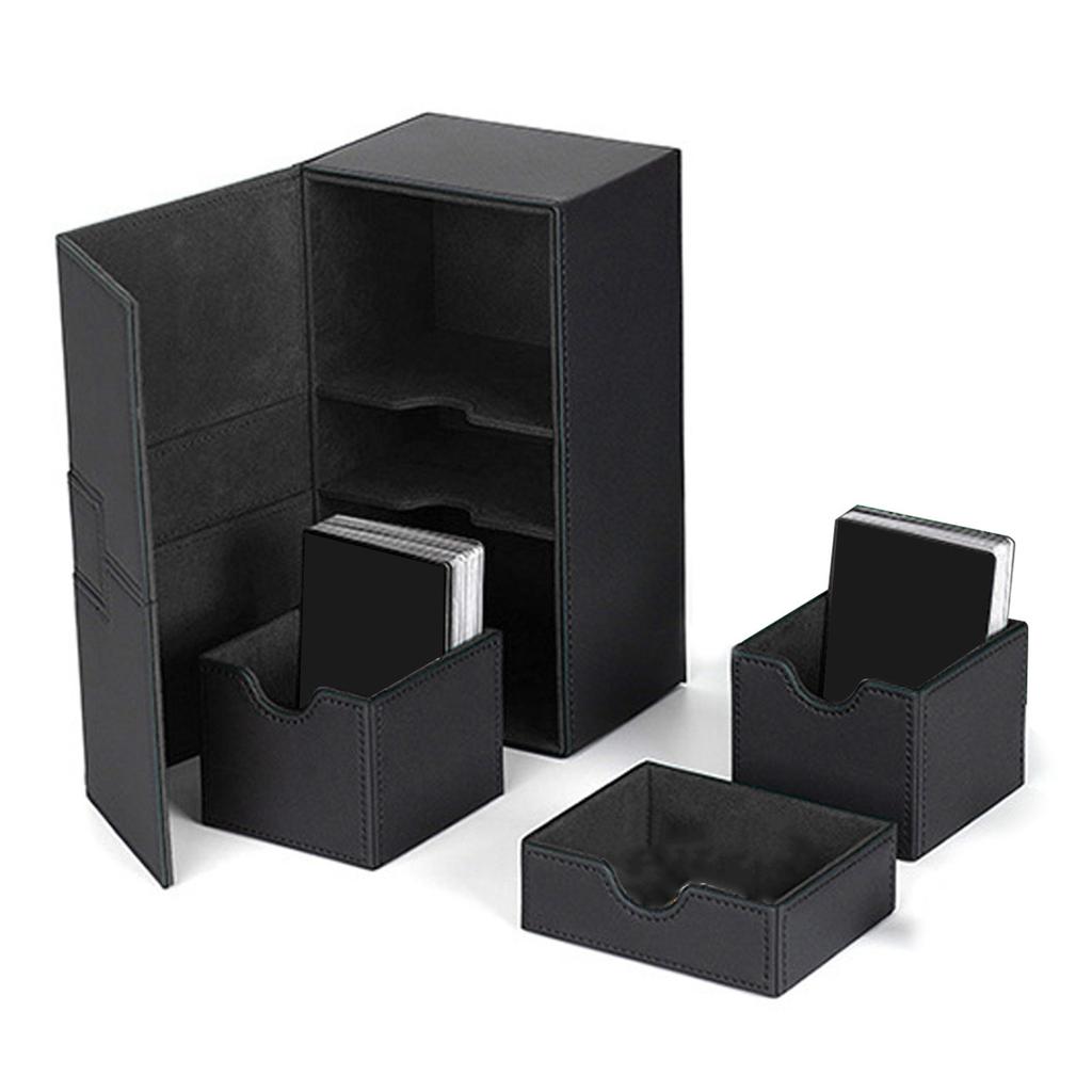 Card Deck Box with 3 Drawers Large Capacity Magnetic Closure PU Leather Game Card Storage Box for Holding Over 200 Cards