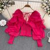 Spring Women's Retro Sexy Deep V Neck Ruffle Waisted Lantern Sleeve Shirt Short Top