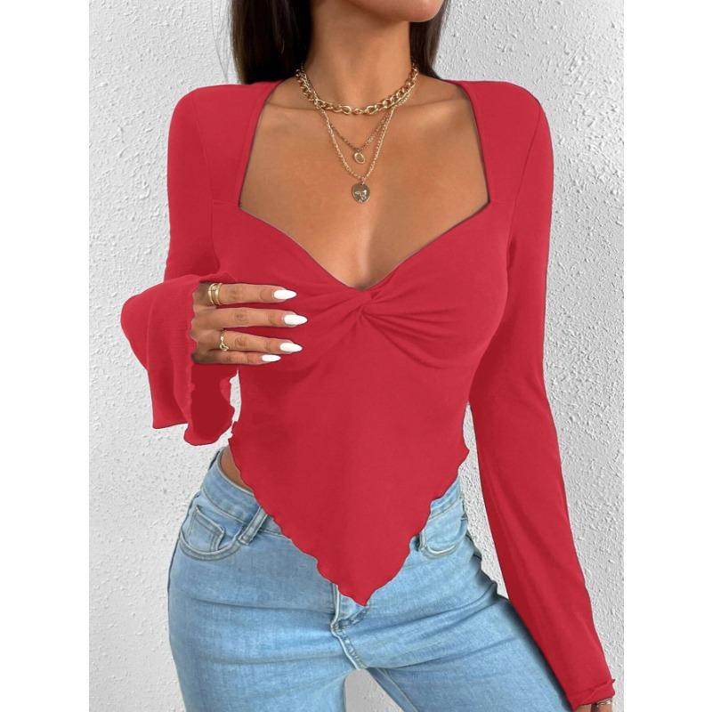 Women's T-shirt Vacation V-neck Trumpet Sleeve Waist Irregular Knitted Long-sleeved T-shirt Top