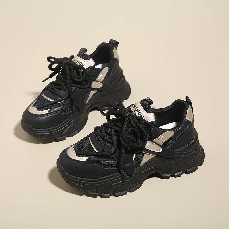 Модные кроссовки SYTK для женщин Модная платформа Клиновидная подошва Шнуровка Повседневные папины кроссовки Сетчатые дышащие Нескользящие для ходьбы Шоппинга Тенниса