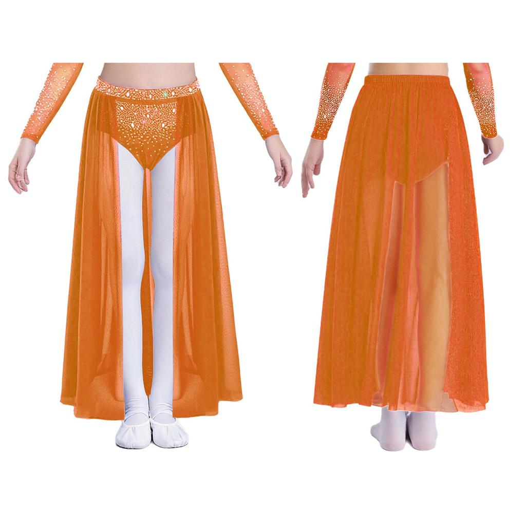 Complete Stage Look Skirt for Girls: Sparkling Rhinestone Accent on Flowy Sheer Mesh, Includes Secure Built-in Shorts