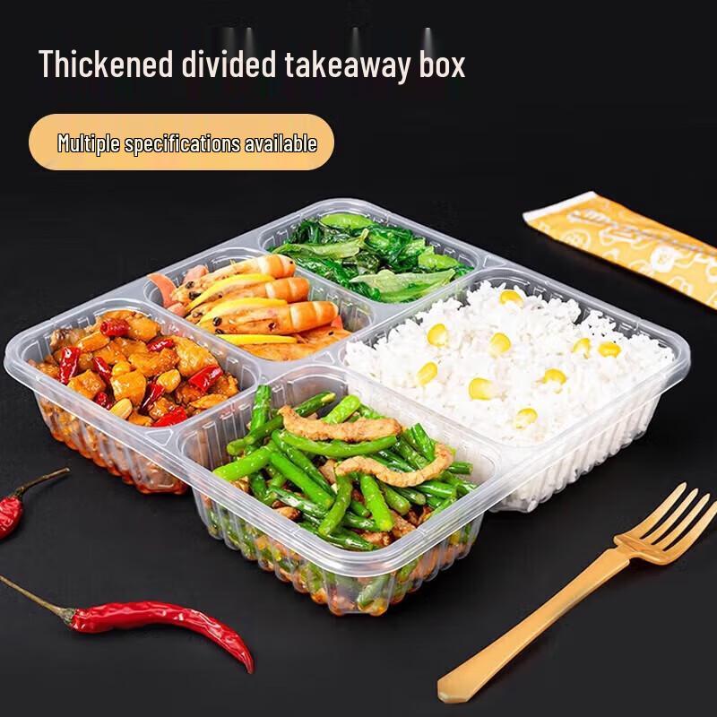 Disposable 5-Compartment Plastic Lunch Boxes with Lids, 200 Sets