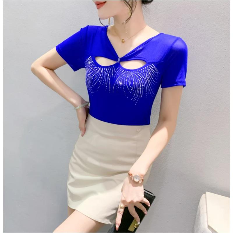 Новая летняя мода женская сетчатая футболка одежда шикарная сексуальная с V-образным вырезом с вырезами в виде ромбов футболки женские с коротким рукавом эластичные облегающие топы