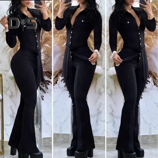 Women Fall Spring Jumpsuit Lapel Half Single-breasted Solid Color Long Sleeve Slim Fit Flared Cuff Low-cut Belted High Waist Elastic Lady Long