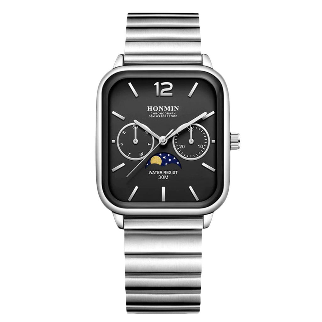 RORIOS Мужские квадратные аналоговые часы с индикацией Солнца, Луны и Звезд, индикацией даты и дня недели, водонепроницаемые, многофункциональные часы с браслетом из нержавеющей стали,