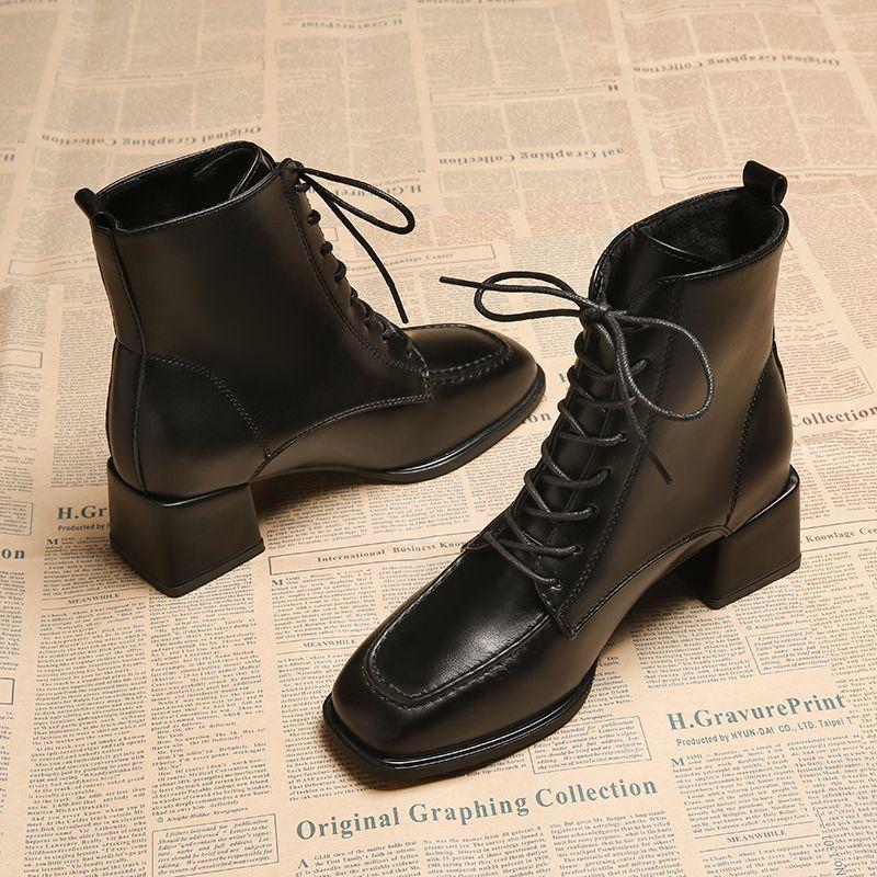 Модные женские ботильоны из кожи с квадратным носком на каблуке, осенне-зимние, на флисовой подкладке, на шнуровке, женские короткие ботинки, высокое качество, новинка