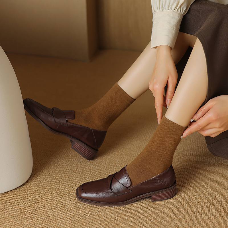 Krazing Pot Cow Leather Square Toe Thick Med Heels Spring Shoes Loafers Oxford Shoes Daily Wear Women Pumps