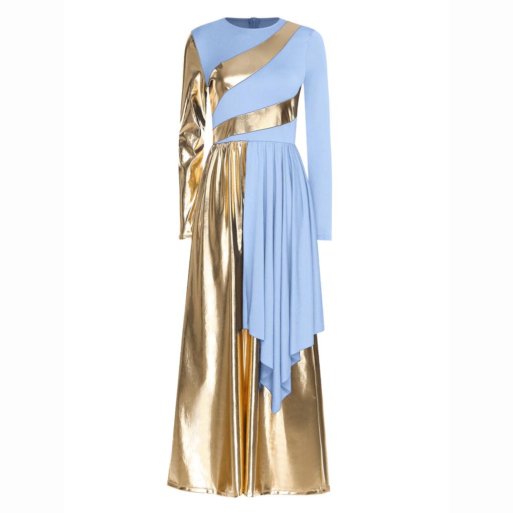 S-3XL Versatile Praise Dance Wear: Eye-Catching Metallic Patchwork Jumpsuit Featuring an Artistic Irregular Drape Design