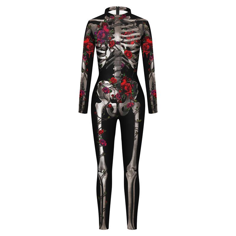 New Halloween Skeleton Rose 3D Printed Jumpsuit Women Day Of The Dead Cosplay Bodysuit Sexy Zentai Suit Carnival Party Morphsuit