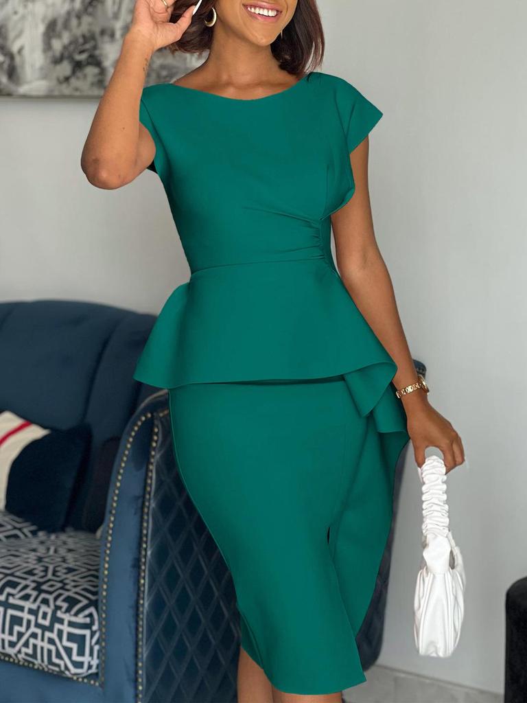 D3233 2023 Новое женское платье-футляр большого размера в европейском и американском стиле с круглым вырезом, однотонное, с короткими рукавами и разрезом