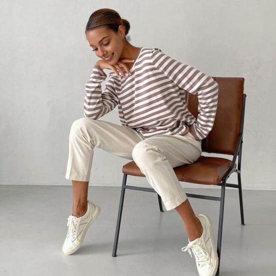 Женские топы с круглым вырезом и длинным рукавом, полосатый принт, свитер свободного кроя, эластичный