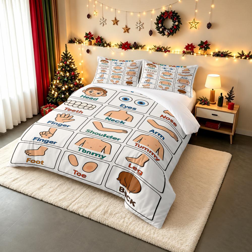 Body Parts Educational Bedding set (1 duvet cover, 2 pillowcases, duvet not included), Cartoon Anatomy Chart Learning Art Print