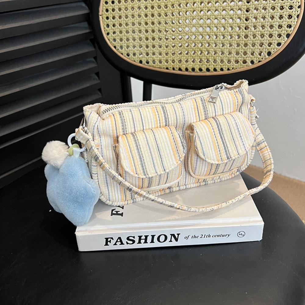 Designer Plaid Shoulder Bag Multi Pocket Women Handbag Korean Striped Armpit Bag Daily