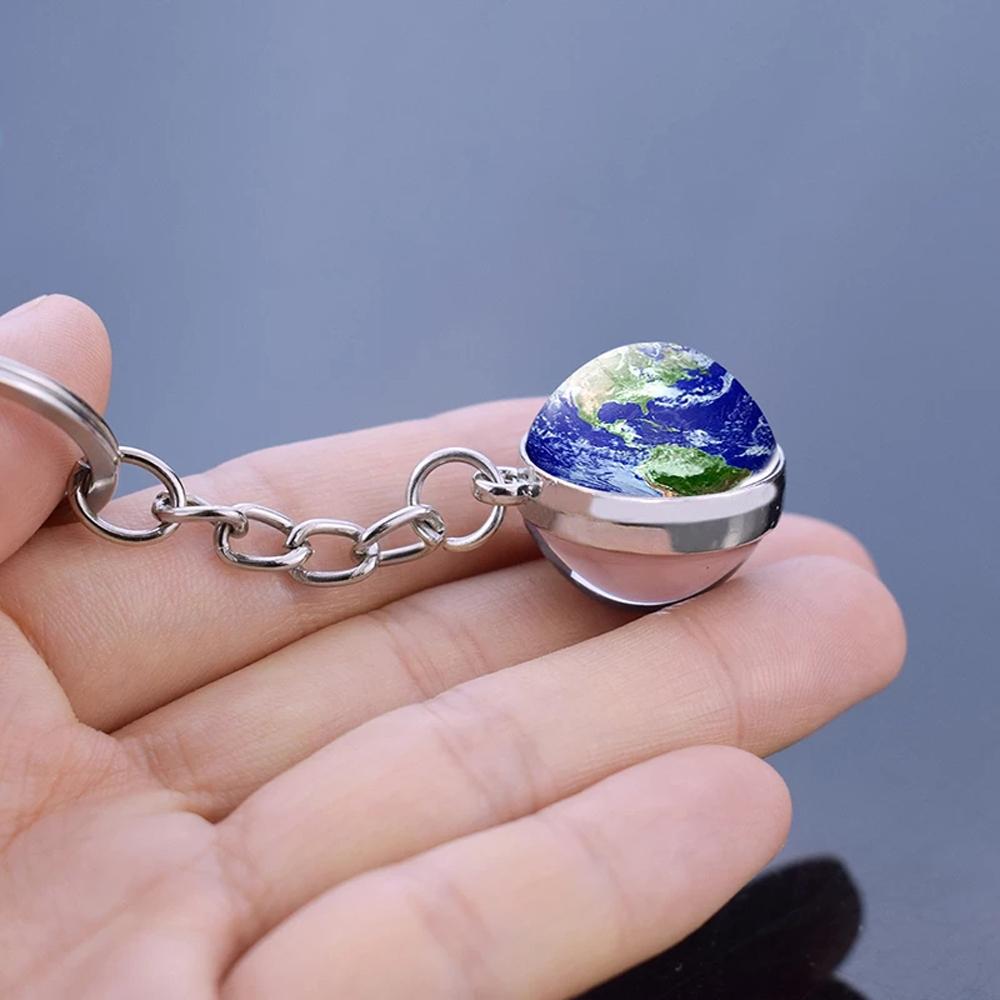 Sun Earth Glass Ball Moon Nebula Double Side Luminous Keychain Solar System Planet Keyring