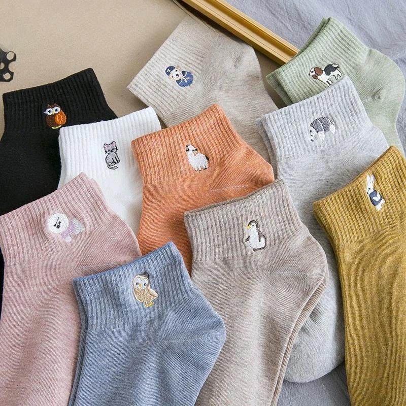 10 пар женских хлопковых носков с вышивкой животных, милые мультяшные узоры, мягкие, удобные, влагоотводящие, дышащие, повседневные носки