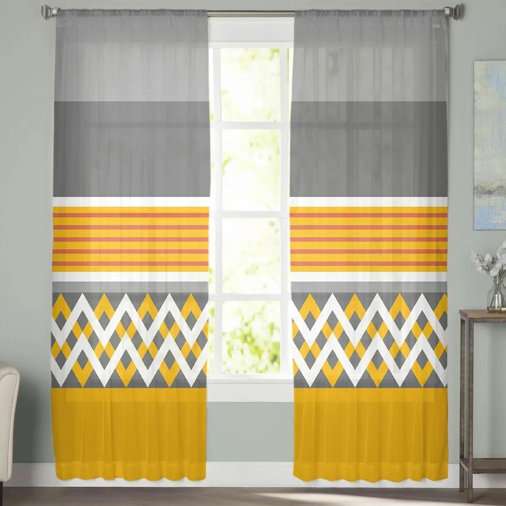 Желто-серые полосатые тюлевые шторы с геометрическим рисунком для гостиной, кухни, современные оконные занавески из вуали