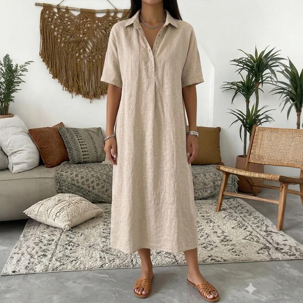 Женское прямое и удобное льняное платье с V-образным вырезом и коротким рукавом
