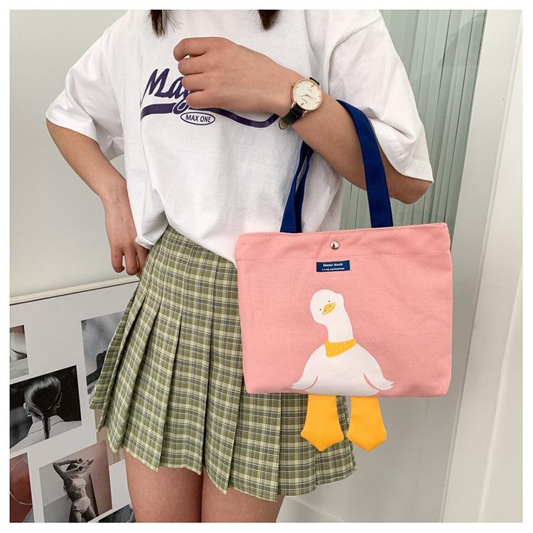 Cute Duck Canvas Tote Bag for Women, Small Handheld Shoulder Purse, Kawaii Cartoon Crossbody Bag for Daily Outings KTB