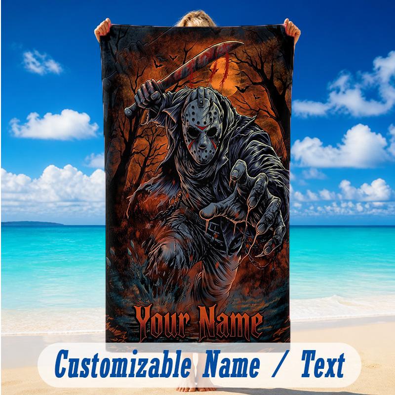 Beach Towel Custom Name Text, Quick Dry Large Towel For Beach HomeFriday the 13th Jason Voorhees