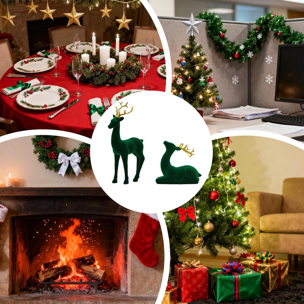 Рождественский олень Флокирование Рождественские животные 2 штуки Стоящий Сидящий Скульптура Красный Зеленый Эстетический Лось для Вечеринки Прикроватный