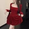 Women Dress Square Neck Pleated A-line Long Sleeves Pleated Slim Waist Velvet