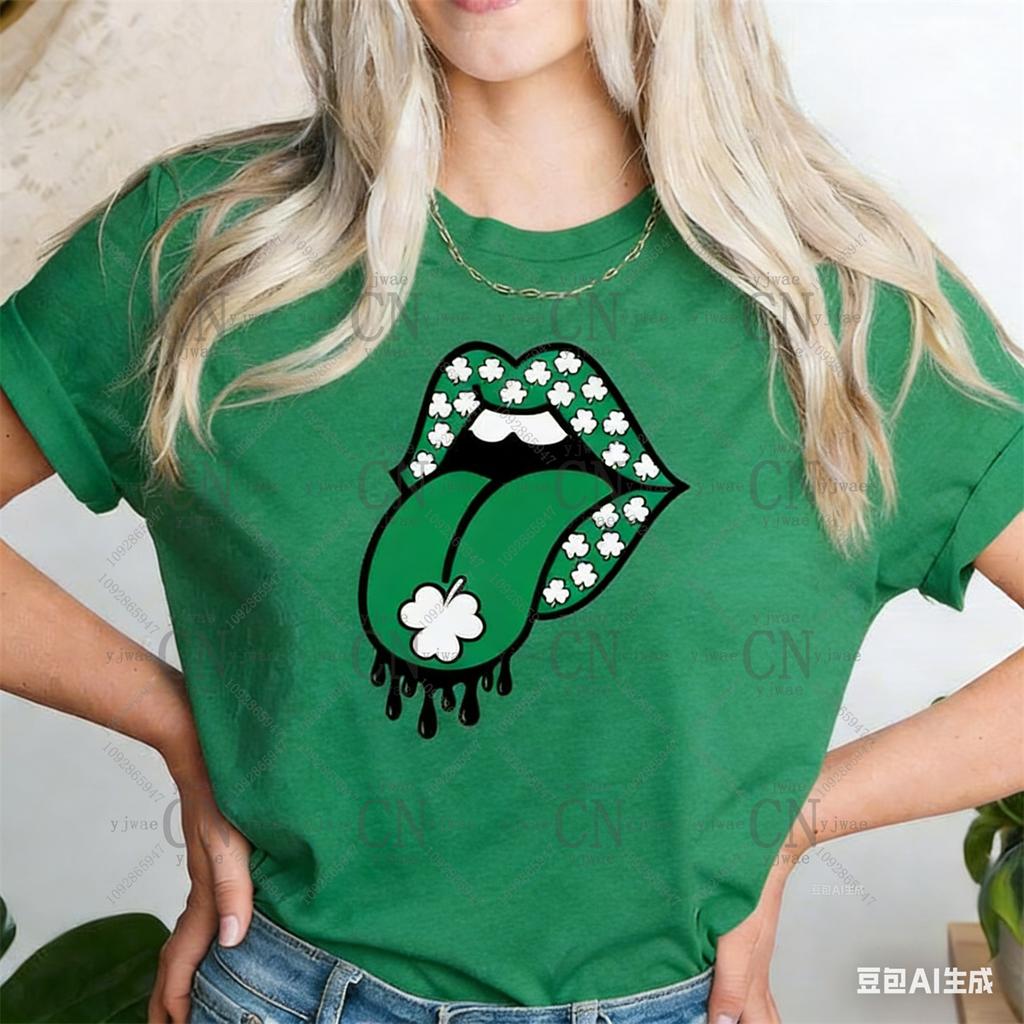 Lucky Lips St Patrick's Day T-shirt Family Matching Tee Irish Shamrock Tee High Quality Polyester Top Summer Men's Women's T-shirt