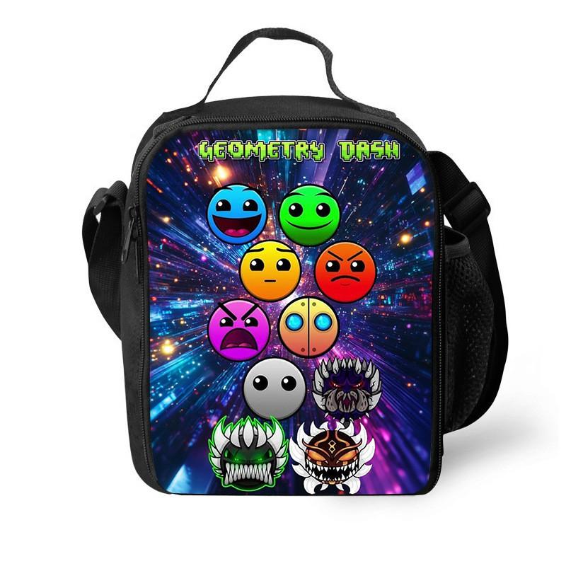 Geometry Dash Themed Insulated Lunch Bag Kids Students Portable Fabric Cooler Tote