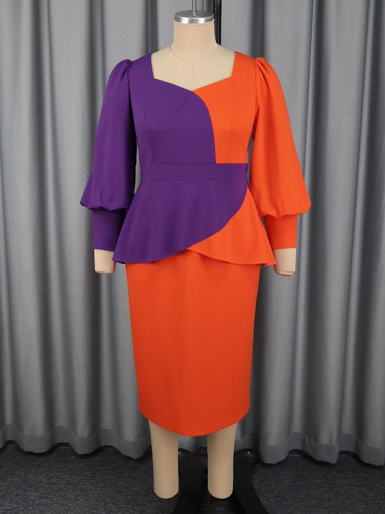 Элегантное женское платье бодикон большого размера с цветными блоками, вырезом сердечком, длинными рукавами-фонариками, для офисной работы, церкви, свадьбы в качестве гостя