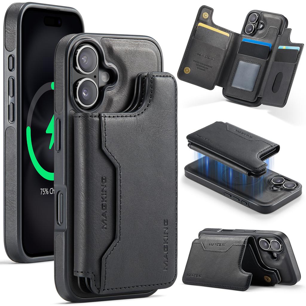 MAGKING K3 Series For iPhone 16 Case Compatible with MagSafe Wallet PC+TPU+PU Phone Cover