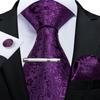 Mens Purple Necktie with Tie Clip Business Paisley Silk Tie Hanky Cufflink Set for Party Dibangu