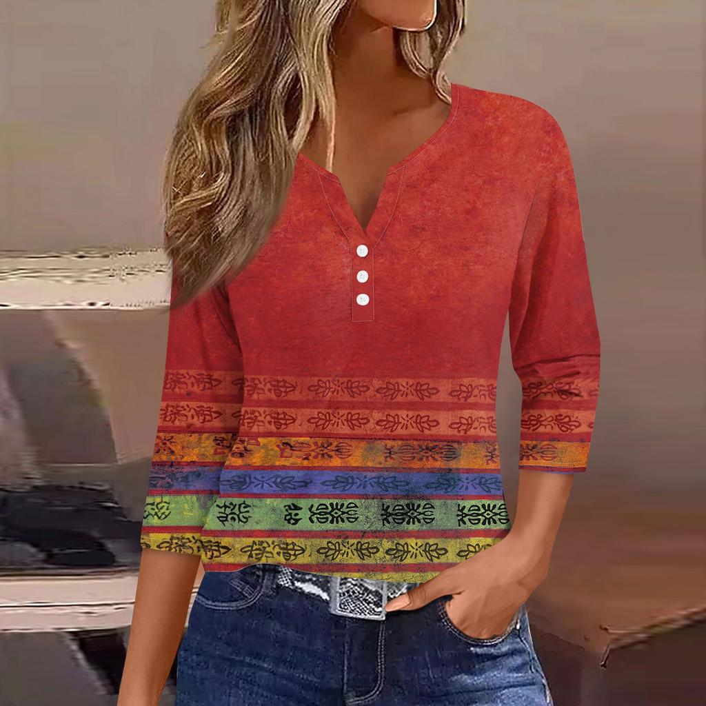 Жен. Футболка Футболка С принтом Пуговицы Рукав 3/4 Повседневные Выходные Мода Классический Классический V-образный вырез Обычный Верх