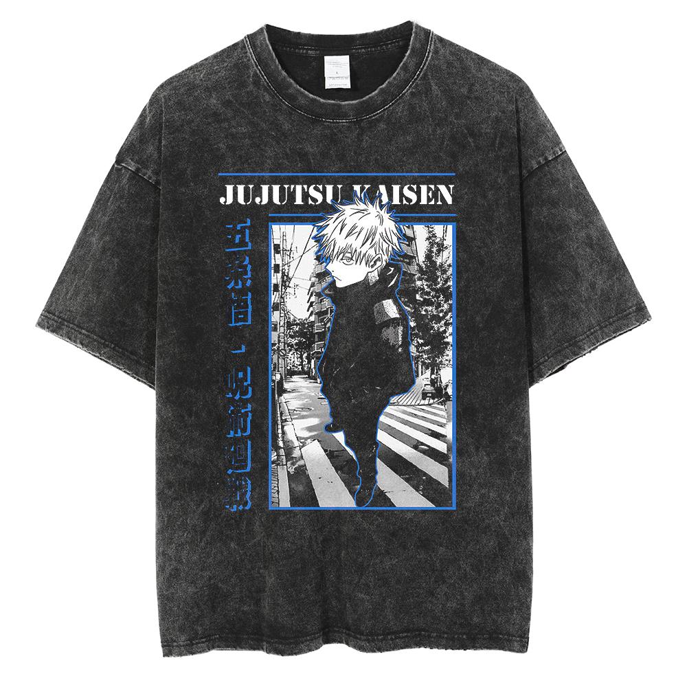 Горячая Аниме Футболка с Принтом Jujutsu Kaisen Нанами Кенто Мужская Винтажная Выстиранная Футболка Оверсайз Футболка Короткий Рукав Хлопок Свободный Топ Футболка