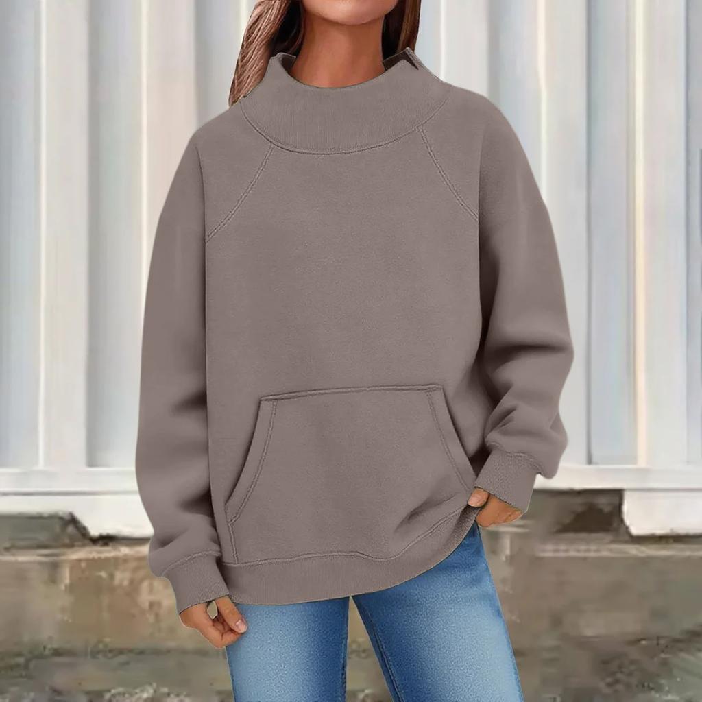 Women's Fashion Oversized Fleece-Lined Long-Sleeve High-Neck Pullover Solid Color Sweatshirt