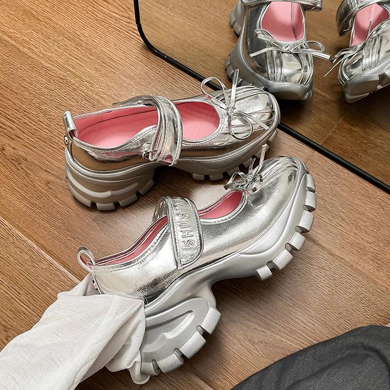 Высококачественные массивные туфли Мэри Джейн для женщин, спортивная обувь, модная повседневная обувь на платформе с мелким бантом, женские балетки