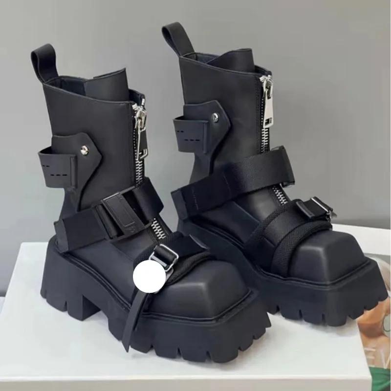 Women Motorcycle Boots European Style Square Toe Thick Heel Leather Front Zipper Short Belt Buckle Chelsea