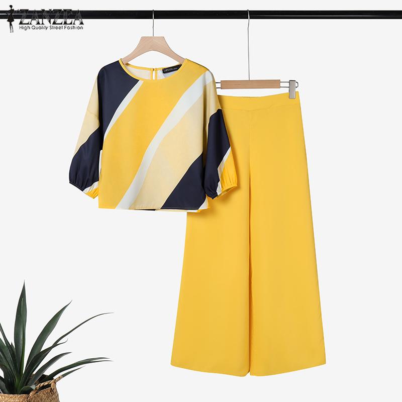 ZANZEA Женские повседневные комплекты из блузки и брюк с принтом из двух предметов