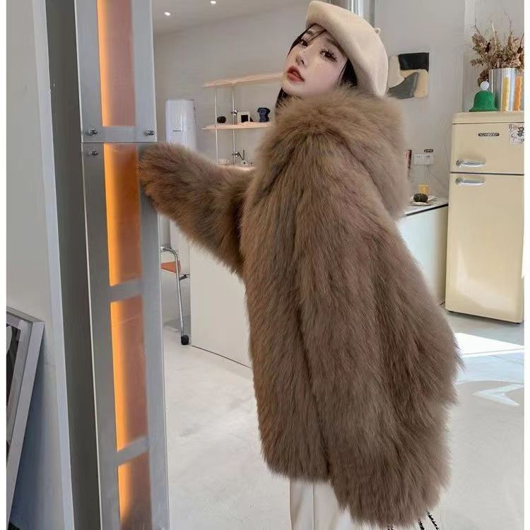 Новая искусственная лисья шерсть тканая с капюшоном рукав летучая мышь длинный рукав тонкий искусственный мех шуба женская