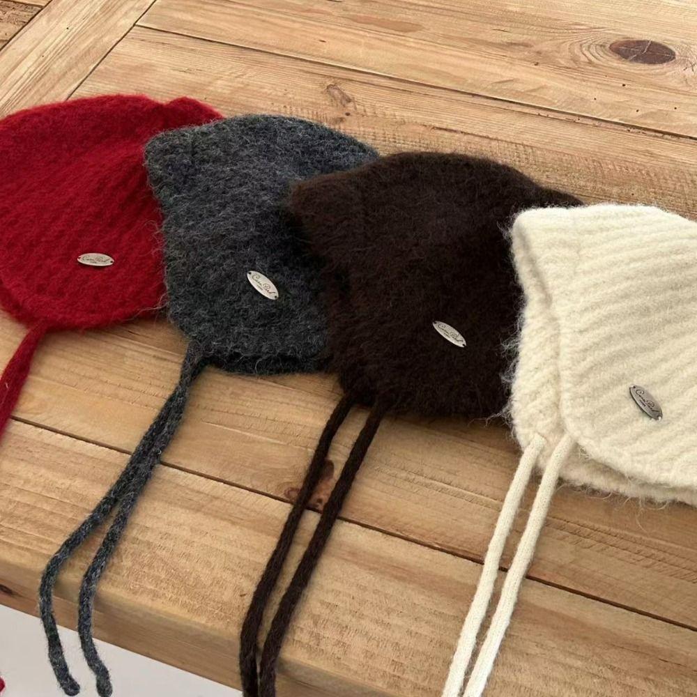 Rabbit Fur Earflap Hat Solid Color Ear Cap Cute Knit Cap Girls