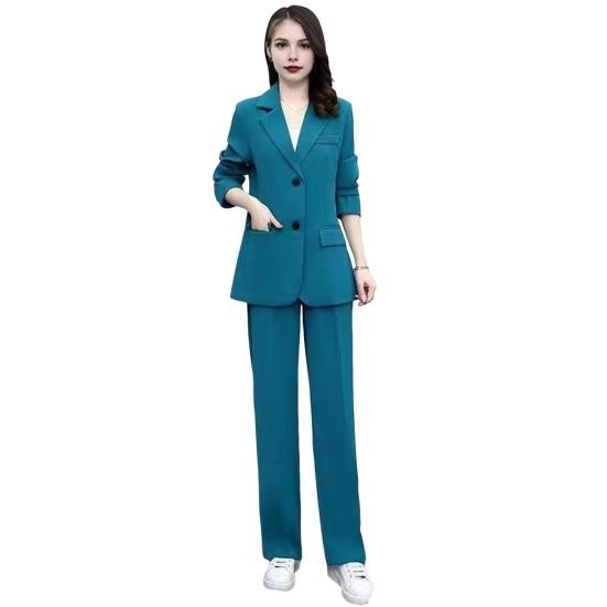 2 Pcs/Set Women Coat Pants Set Lapel Single Button Mid Length Cardigan Long Sleeve Jacket Wide Leg High Waist Straight Trousers Lady Formal