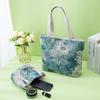 Monet Flower Embroidered Cotton-Linen Handbag, Double-Sided Jacquard, Zippered for Outdoor Leisure