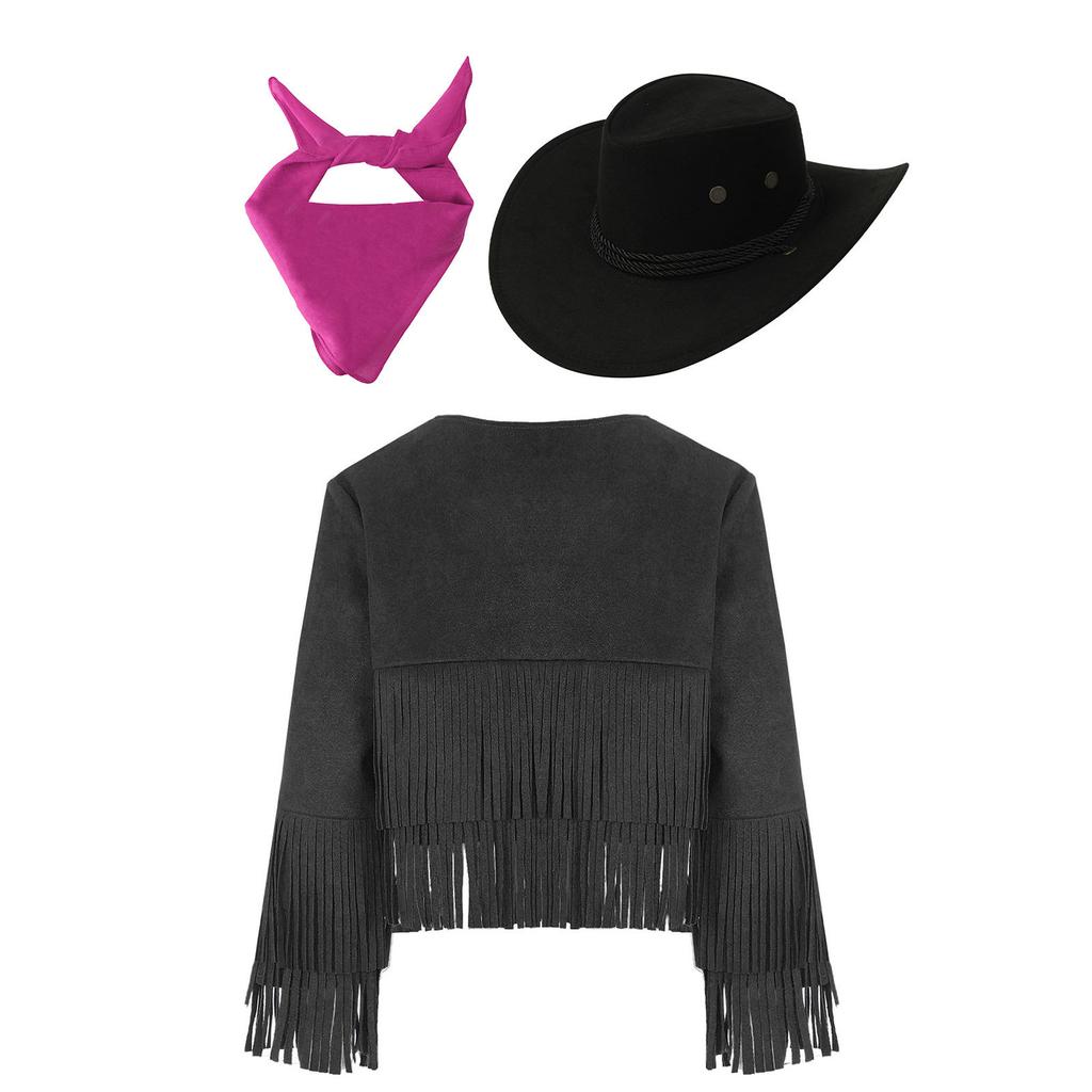 3Pcs Cowboy Costume for Kids Unisex, Fringe Vest Set with Hat & Bandana, Western Cowgirl Halloween Dress Up Outfit