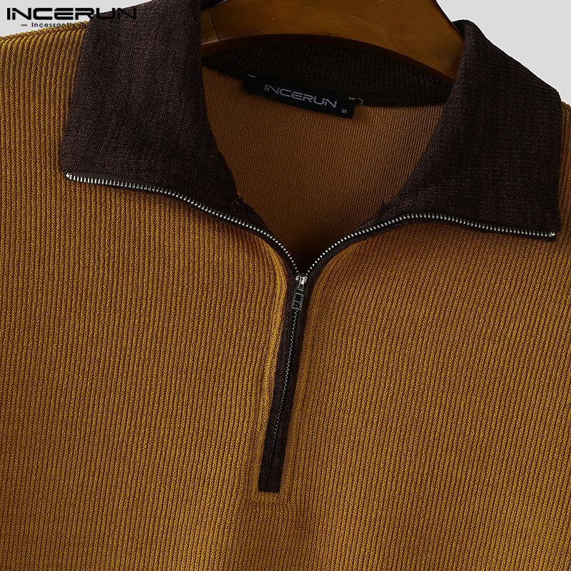 INCERUN Осенние мужские пуловеры с длинным рукавом, на молнии, с лацканами, с декоративной строчкой, в рубчик