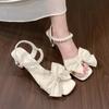 Fashion Mary Jane Bow Sandals Women's Summer 2025 New Fashion Pearl Fairy Style One Word Strap Square Toe Kitten Shoes
