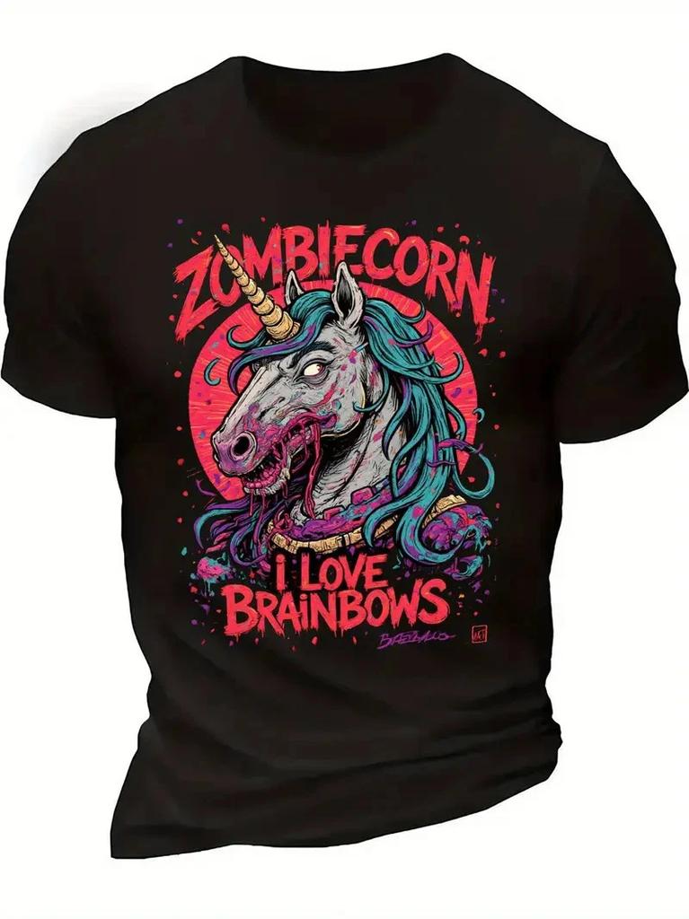 s & 's Zombieicorn T-Shirt - Black Spooky Rainbow Zombie Graphic Tee, Soft Cotto