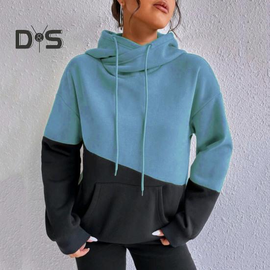 Женская толстовка с капюшоном на осень-зиму с цветными блоками, завязками на шнурке, длинными рукавами, эластичными манжетами и подолом, большим карманом, плотный спортивный топ для фитнеса