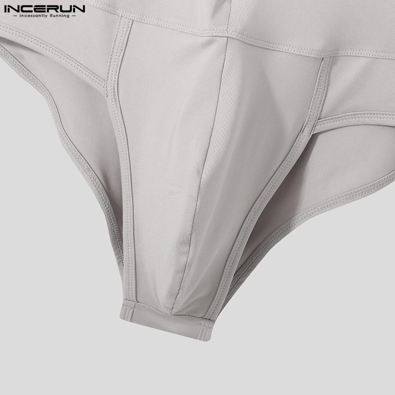 INCERUN 3Colors Jumpsuits Mens Fashion Summer Wear Short Sleeved Body Fit Suit Zipper Up Jumpsuits Solid Homewear S-5XL