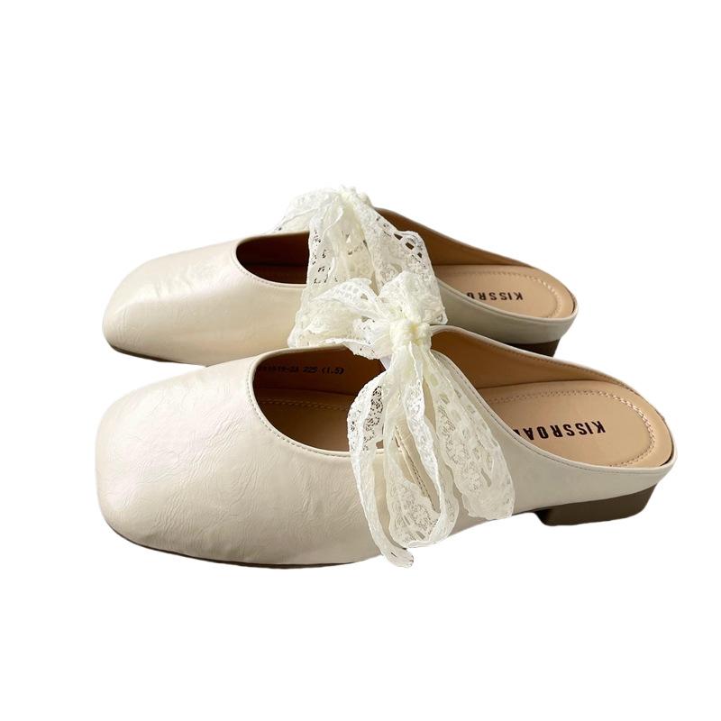 Baotou Half-slipper Women's Spring and Summer Low-heeled Lace Bow Shoes Mary Jane Flip-flops