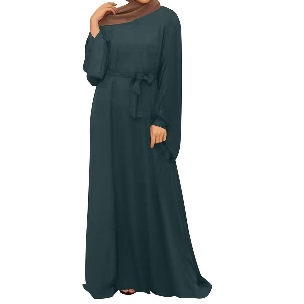 Muslim Women's Dresses Casual Long Sleeve Pullover Round Neck Hem Dresses